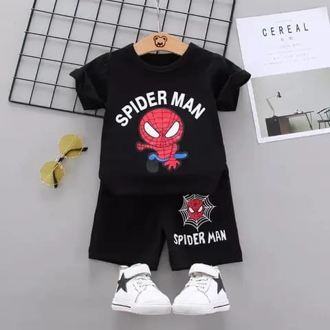 Kids Spider-Man Black T-Shirt & Shorts Set with Free Shoes (3-Piece Combo)