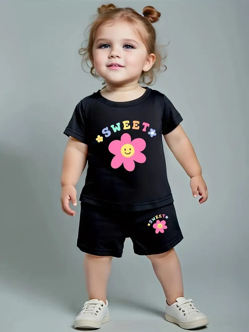 Baby Girls "SWEET Flower" Black T-Shirt & Shorts Set with Free Shoes (3-Piece Combo)