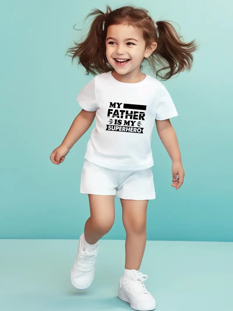বাচ্চাদের “My Father is My Superhero” হোয়াইট সামার সেট (টি-শার্ট + শর্টস + জুতা সহ)